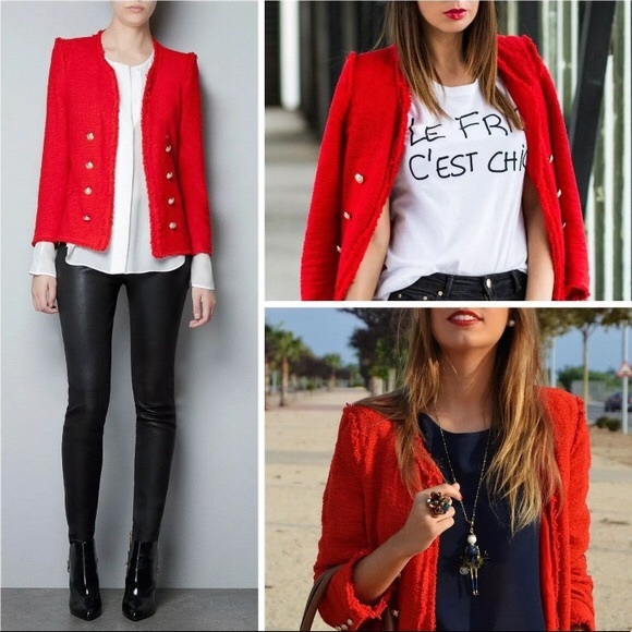 Zara Jackets & Blazers - Zara Red Gold Button Fantasy Tweed Blazer.